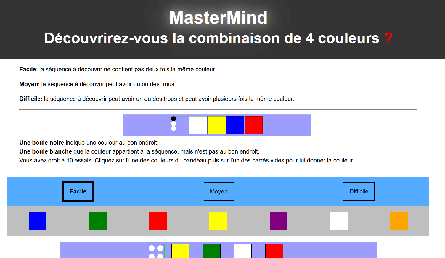 Homepage de mon jeu Mastermind