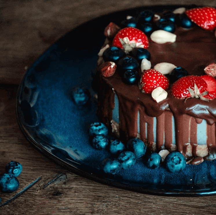 Cake topped with strawberries